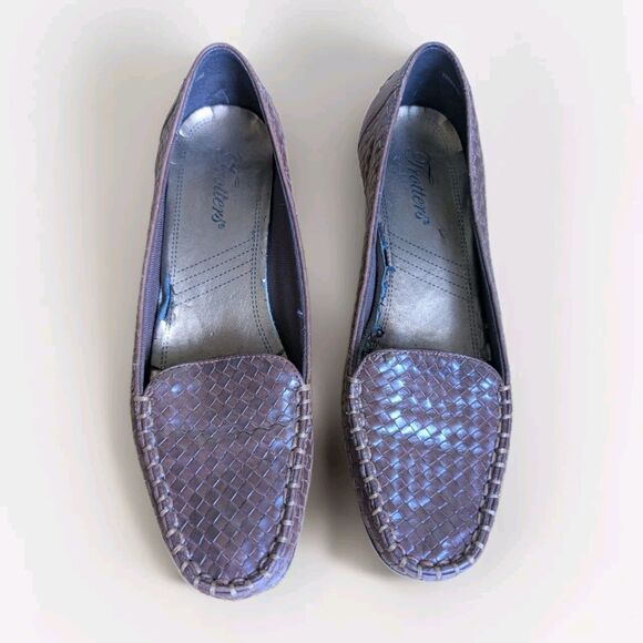 Trotters Women’s 7.5M Brown Leather Woven Loafers Slip-On Block Heel Shoes - Picture 1 of 12